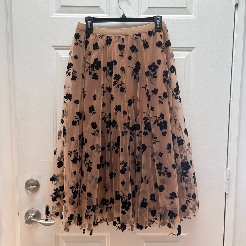 Chicwish Dusty Pink and Black Floral Mesh Midi Skirt - Picture 2 of 4
